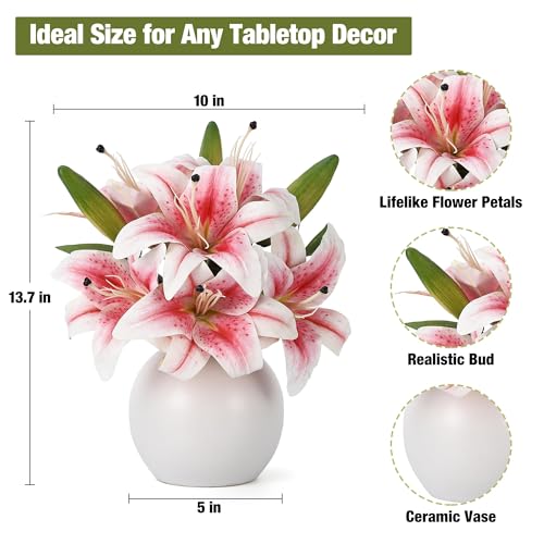 Artificial Lily Flowers with Ceramic Vase, Pink Silk Lily Flower Arrangement, Fake Flowers in Vase Centerpiece, Artificial Floral Arrangement for Table Decor, Shelf, Bathroom, Wedding, Home Decoration