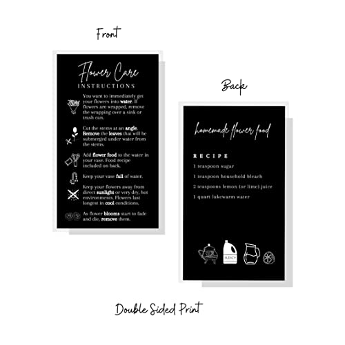 Fresh Flowers Care Instructions & Flower Food Recipe | 50 Pack | 2x3.5” in Business Card | Gardening Business Supplies | Florist Supplies | Black Card Design