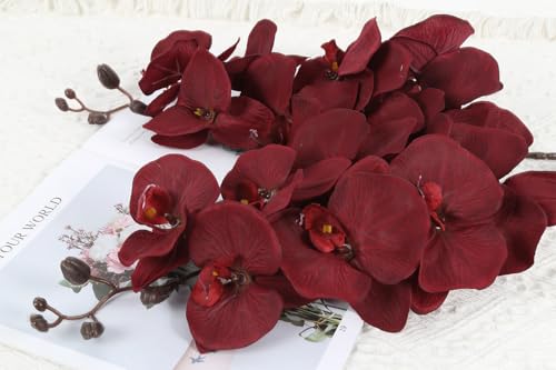 41.3in Orchids Artificial Flowers Faux Orchid 6PCS Velvet Silk Orchids that Look Real Long Stem Artificial Flowers for Tall Vase for Home Wedding Party Fall Décor (Burgundy) - color: Burgundy