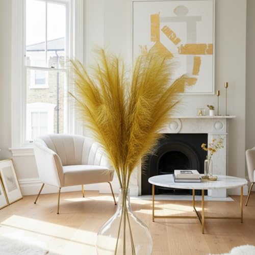 RyddeligHome Gold Pampas Grass Decor Living Room Holiday Decor, Home Accent Decor, Gold Feathers Floral Picks, Faux Pampas Grass Tall Large Fluffy, 3 Stems x 115cm/45in