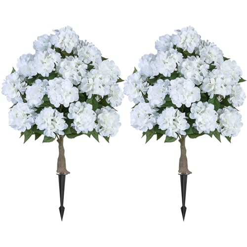 BLOSMON Fake Hydrangea Trees for Outdoors - 2 Packs 33" White Artificial Flower Topiary Ball Trees for Front Porch Decor - 20 Heads Faux Silk Hydrangea Bush Plants with Spike for Garden Yard Patio - color: White