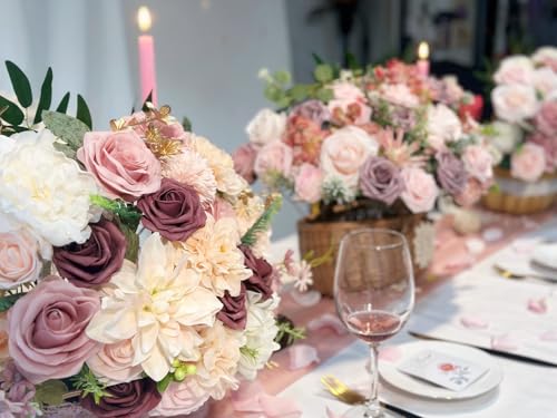 Artificial Flowers Combo Box Set Artificial Flowers Combo Silk Mix Fake Flowers with Stem for DIY Wedding Arch Bridal Bouquets Baby Shower Centerpieces Party Wall Home Decorations - color: Purple&white
