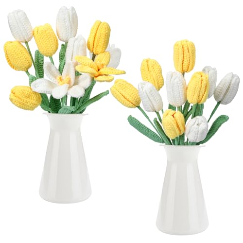 Shihanee 10 Pcs Tulip Crochet Flowers Bouquet Handmade Knitted Flower Decor Birthday Gifts for Women Grandma Spring Home Vase Centerpiece, 13.7", Vase Not Inchluded(Yellow, White) - color: Yellow, White
