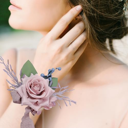Dusty Pink Corsage and Boutonniere Set for Groom Bride Groomsmen Bridesmaids Wedding Party Prom Artificial Roses Flower Corsage Wristband Boutonniere for Men Wedding Bridal Shower Prom - color: Dusty Pink
