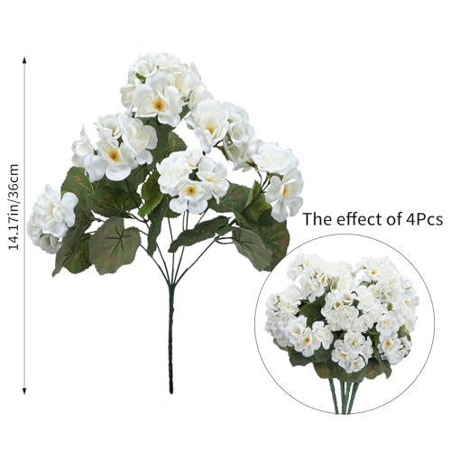 4Pcs White Geraniums Artificial Flowers Realistic 14" Silk Artificial Geraniums for Outdoors Flower UV Resistant Fake Flowers for Planters for Garden Porch Patio Balcony Cemetery Decor - color: White