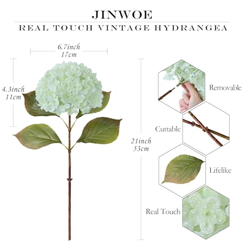 JINWOE Boho Green Hydrangea Artificial Flowers, 4Pcs 21" Real Touch Artificial Hydrangea, Fake Silk Flowers for Dinning Tables Party Outdoor Home Cemetery Kitchen Wedding Bouquet - color: Light Green