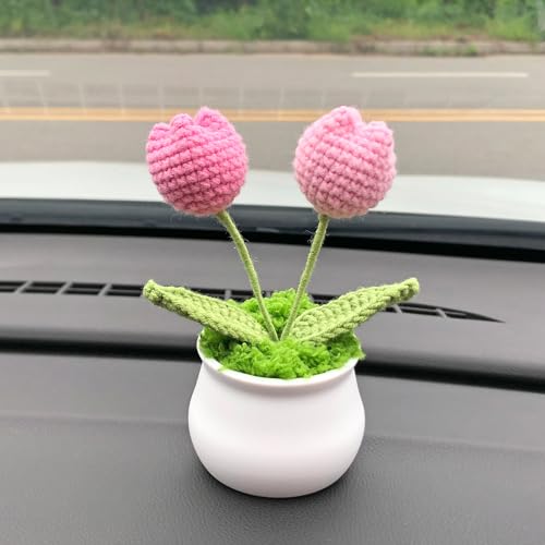 Joekaran Crochet Flowers Cute Little Potted Flower, Gift for Birthday, Teacher’s Day, Graduation, Anniversary, Christmas, Decor for Car Dashboard,Home Office Decoration (Pink Gradient Tulips) - color: Pink Gradient Tulips