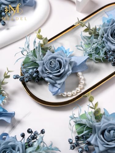 Dusty Blue Rose Wrist Corsage for Women, Set of 6, Wedding Bridal Corsage Hand Flower Decor for Prom Corsages Party Homecoming, Wristband Flowers for Bride Bridesmaid Girl Mother Wristlet Décor - color: 6pcs Blue Wrist Corsages