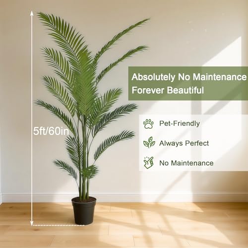 2-Pack Real Touch Faux Olive Tree with 1390 Leaves & 86 Olives, Indoor Potted Fake Plants, Nearly Natural Artificial Plants for Mediterranean Home Decor (Green, 5ft-Palm Tree) - size: 5ft-Palm Tree