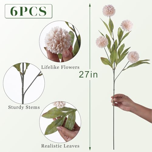 VIERENA 6 Pcs Faux Silk Pompon Mum Artificial Flowers for Vase -27", Bulk Fake Chrysanth Branches with Stems for DIY Bouquet Centerpieces Wedding Fillers Arrangements Shower Decorations (Beige) - color: Beige