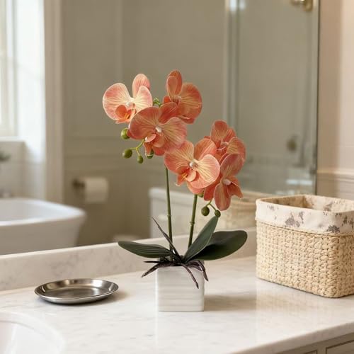 Artificial Orchids for Home Decor Indoor with Vase Orchids Artificial Flowers Orange Orchid Height 14 Inches - color: Orange