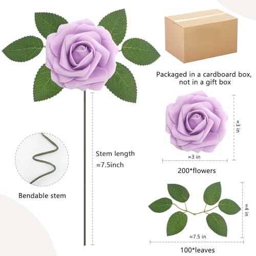 200PCS Lilac Realistic Roses - Artificial Latex Foam Flowers with Bendable Stems & 100PCS Leaves for Wedding, Home and Party DIY Decor - color: Lilac, size: 200