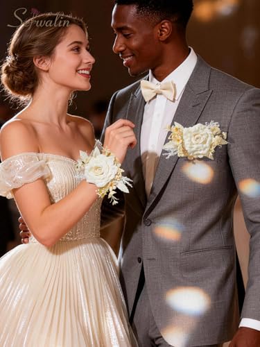 Serwalin 2Pcs Corsage and Boutonniere Set,Champagne Rose Corsage Wristlet and Pocket Boutonniere for Prom Wedding Homecoming Anniversary Graduation - color: Athens Champagne