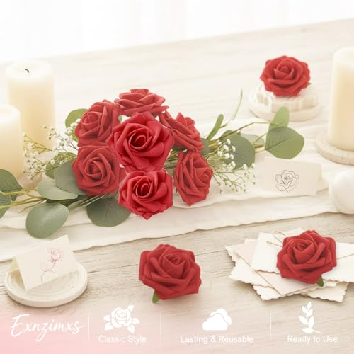 Artificial Flowers, 25 Pcs Red Foam Fake Roses Bulk for Flower Decoration DIY Wedding Bouquets, Artificial Rose with Stems for Centerpieces Bridal Shower Party Christmas Tree Cake Decor - color: Red
