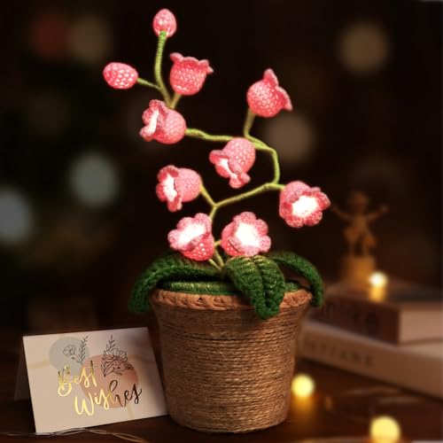 Lily of The Valley Lamp, Crochet Artificial Flowers with 10 Little Night Lights, Cordless Flower Bedside Lamps Small Table Lamp for Mothers Day,Birthday Gifts,Christmas,Valentine Home Decor (Pink) - color: Pink