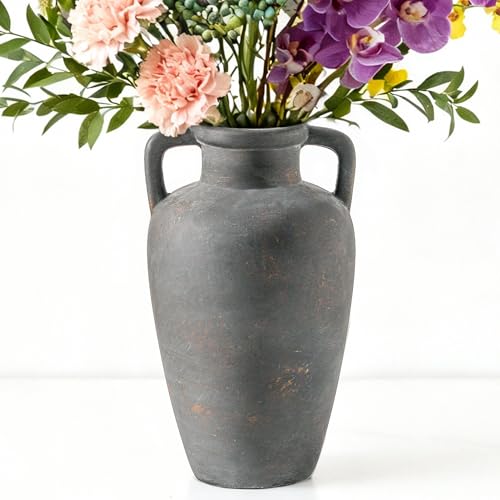 Ceramic Flower Vase with Handles, 11 inch Tall Vase for Centerpieces, Large Decorative Terracotta Vases, Farmhouse Rustic Vases for Home Decor, Living Room, Table, Neutral - color: 103-4-11.4in