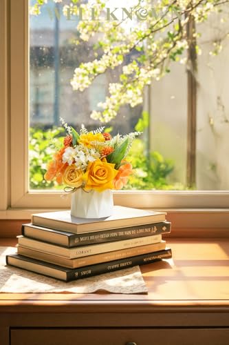 WELL KNOWN Small Fake Flowers in Plastic Vase, 7" Yellow Orange Silk Flower Arrangements for Home Decor, Indoor Artificial Flower Bouquet Centerpieces for Dining Kitchen Wedding Coffee Table Decor - color: Orange & Yellow