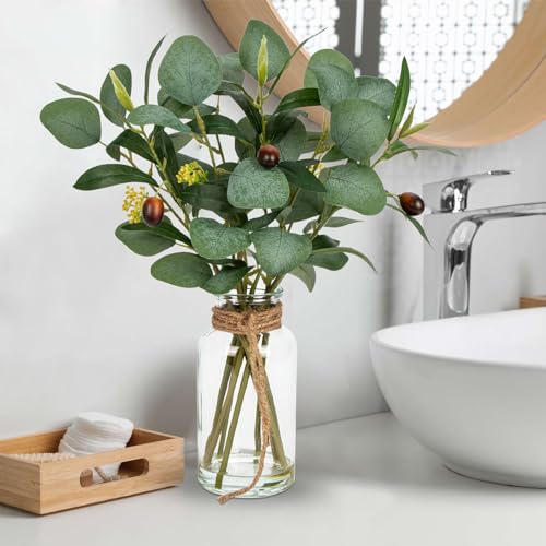Briful Artificial Eucalyptus Stems in Glass Vase with Faux Water, 14" Fake Plant Olive Leaves for Home Office Farmhouse Wedding Centerpiece Décor - color: Darkolivegreen