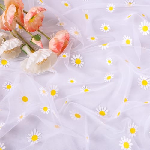 10FT White Daisy Summer Tulle Table Runner 120 Inch Seasonal Flower Sheer Gauze Table Runner Dining Birthday Party Wedding Christmas Holiday Decor for Home Party Decorations - color: White Daisy, size: 10 ft × 1 pc