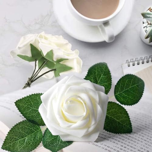 Higfra Artificial Flowers 50 Stems Realistic Roses - Lifelike Fake Flowers for Wedding Bouquets, Baby Shower Decor, Home Centerpieces, DIY Floral Arrangements (Cream, 50Pcs) - color: Cream, size: 50Pcs
