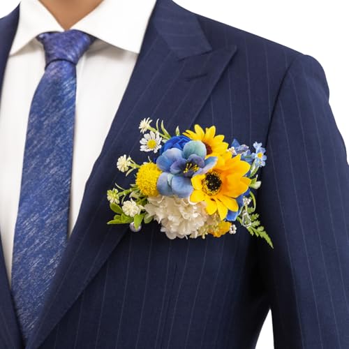 TINGE TIME Sunflower Boutonniere for Men Wedding,Groom and Pocket Boutonniere for Wedding, Prom, Homecoming, Anniversary, Graduation, Christmas Dinner - color: Sunflower&royalblue