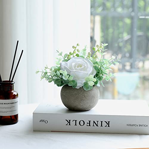 Small Artificial White Rose Potted Plant, 6" Fake Silk Flowers in 3.5" Round Pot, Mini Faux Floral Arrangement for Desk Shelf Bathroom Decor - color: White