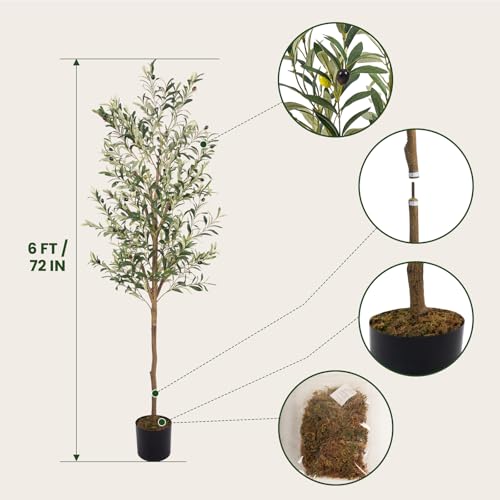 Artificial Fake Olive Tree 6FT Tall 1Pack Faux Silk Olive Tree for Home Living Room Office Decor Faux Artificial Plants Indoor Fake Potted Plants with Fruit & Free Moss - size: 6ft