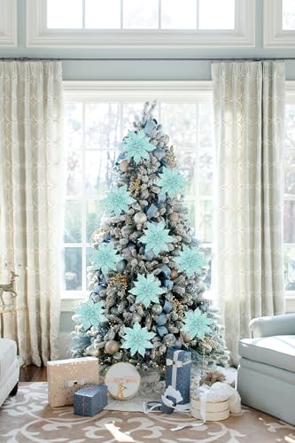 Briful 3PCS Poinsettias Artificial Christmas Flowers 22.4in Long Stem Teal Blue Glitter Mesh Poinsettia Fake Christmas Tree Flower for Xmas Home Wreath Garland Floral Arrangement Holiday Decor - color: Teal Blue