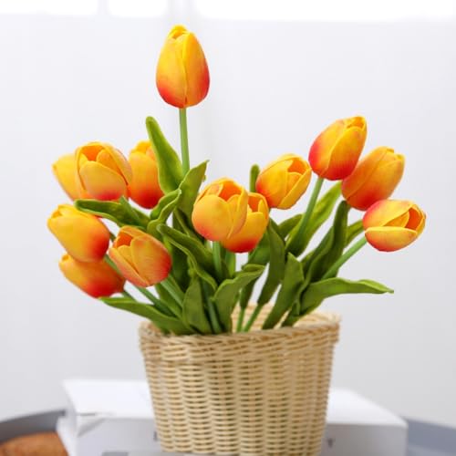 PU Real Touch Tulips Artificial Flowers 20Pcs Fake Flowers Arrangement Bouquet for Home Office Wedding Decoration (Orange) - color: Orange 20pcs