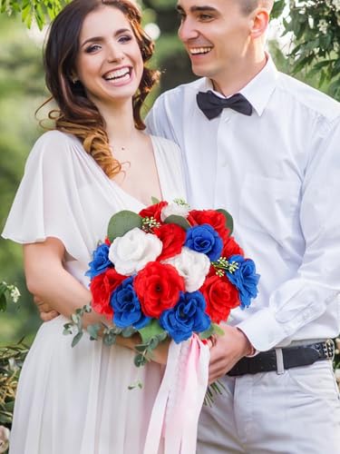 108pcs Roses Head Flowers with Stem - Red Blue White Artificial Flowers Rose Bulk - Silk Rose Fake Flower Arrangement for Patriotic Memorial Bouquet Grave Centerpieces 4th of July Veterans Party Decor - color: White-red-blue