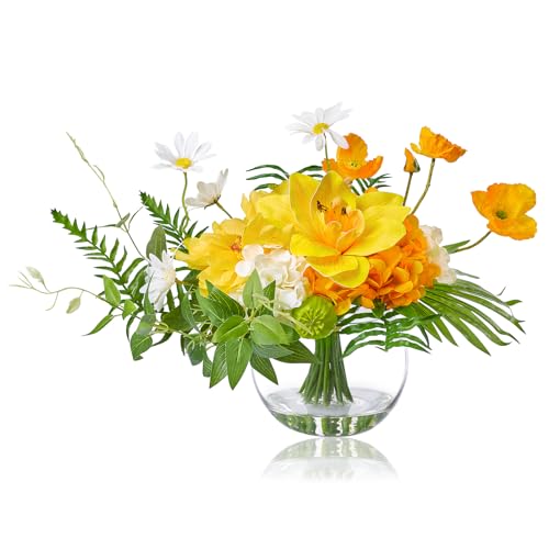 WELL KNOWN Artificial Silk Flowers in Glass Vase for Dining Table Decor, Tropical Orange Orchid Flowers Bouquet Arrangement with Faux Water for Home Office Wedding Party Dining Table Centerpieces Gift - color: Tropical Orange
