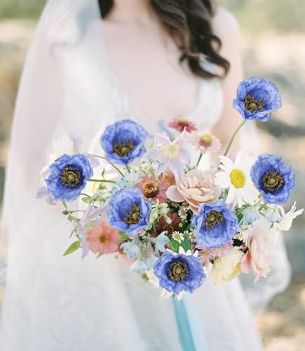 6PCS Blue Poppy Flowers Artificial 26.77in 30 Heads Faux Poppy Flowers Silk Flowers with Long Flocking Stems for Wedding Party Home Office Decoration(Blue) - color: Blue