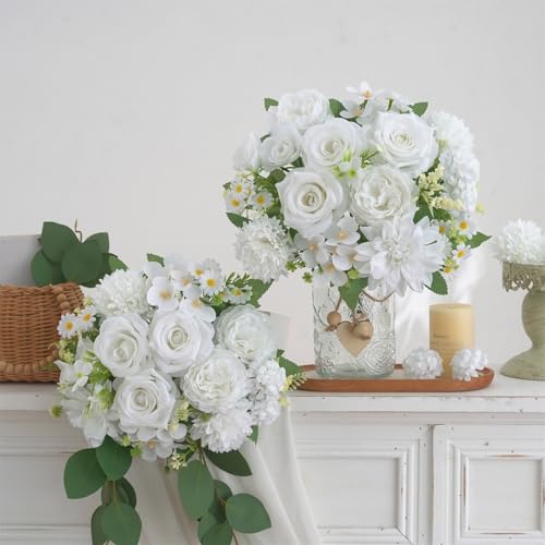 4 Pcs Mixed Artificial Flowers Set, Small Artificial Peony Bouquet Fake Rose Flower Silk Floral Arrangements for Table Centerpiece Home Wedding Party Bridal Decoration(White, 2 Bouquets & 2 Stems) - color: White, size: Mixed 4pcs