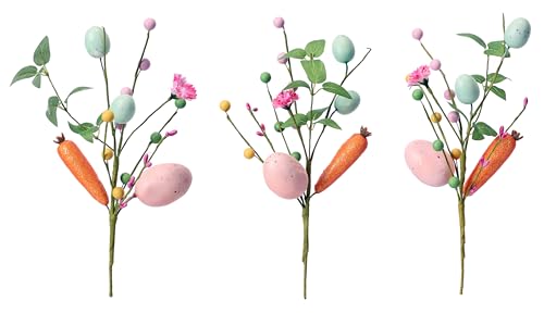 3-Pack Artificial Easter Decorations, Easter Egg and Carrot Berry Stems for Vase Fillers, Spring Home Decor, Easter Table Centerpiece, Reusable Easter Flower Arrangeme