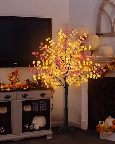 Uieke 4FT 48LED Lighted Fall Eucalyptus Tree Artificial Fall Tree with 12PCS Pumpkins & 8 Modes Thanksgiving Fall Decorations for Home Autumn Decor Indoor Outdoor - style: 4FT Fall Tree(1Pack)