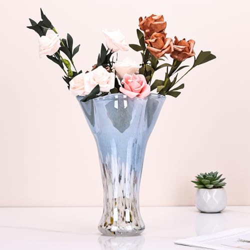 9.0"H Blue Glass Vases for Flowers, Unique Hand Blown Glass Vase Blue White Home Decor, Wide Mouth Colorful Flower Vase Centerpieces, For Living Room Table Bookshelf, Bathroom Office Shelf Decorative - color: Blue White