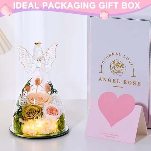 Mothers Day Rose Gifts for Women Preserved Real Flower in Glass Angel Figurines Roses for Delivery Prime Birthday Gifts for Mom Grandma Girlfriend Wife Her, ChampagneGold Austin - color: Champagnegold Austin