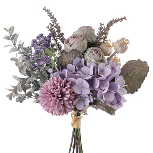 13-inch Small Artificial Fake Flowers for Table Arrangements, Silk Faux Bouquets with Three Roasted Edge Roses, Hydrangeas, Globeflower, babysbreaths, Ideal for the Kitchen or Bedroom. - color: Lavender