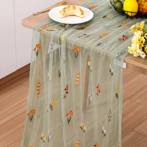 Boao 1 Pcs Wildflower Table Runner Embroidery Tulle Spring Summer Table Runner 120 Inch 10 ft Kitchen Dining Decoration for Wedding Baby Shower Bridal Shower Home Decor Birthday Party (Sage Green) - color: Sage Green, size: Wildflower