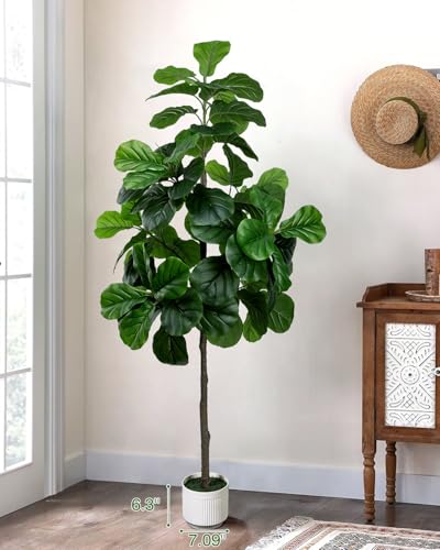 Artificial Fiddle Leaf Fig Tree 6FT - Large Fake Trees with White Planter, Tall Faux Ficus Lyrata Tree Floor Plants for Indoor Home Decor Office Living Room Housewarming Gift, 1Pack - color: 6ft Green