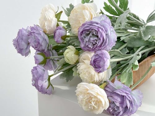 7 pcs Peonies Artificial Flowers, Purple Champagne Ranunculus Artificial Flowers, Fake Peonies for Home Office Centerpiece Table Decorations, Dining Table Centerpiece (Purple+Champagne) - color: Purple Champagne
