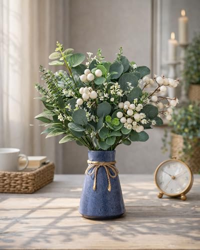 60 Pcs Mixed Artificial Eucalyptus Leaves Stems Bulk, 5Kinds Fake Greenery Silver Dollar Leaves Dried Eucalyptus Bundle with White Seeds Berry for DIY Bouquets Floral Arrangement Wedding Vase