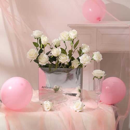 Hawesome 12PCS Artificial Silk Flowers Realistic Roses Bouquet Long Stem for Home Wedding Decoration Party (White, 6 Flowers 6 Buds) - color: White, size: 6 Flowers 6 Buds