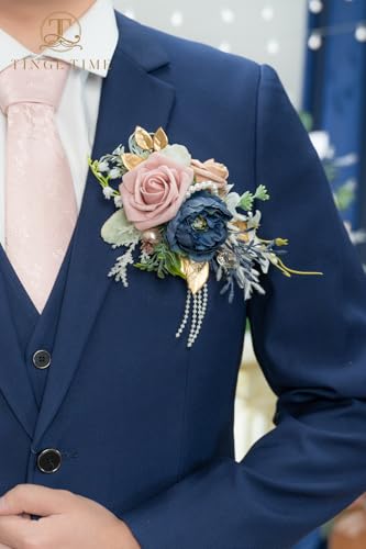 TINGE TIME Luxury Groom Boutonniere for Wedding, 1 PCS Pocket Boutonniere for Men, Artificial Corsage for Wedding, Prom, Homecoming, Anniversary, Graduation (DustyRose&NavyBlue) - color: Dusty Rose & Navy Blue