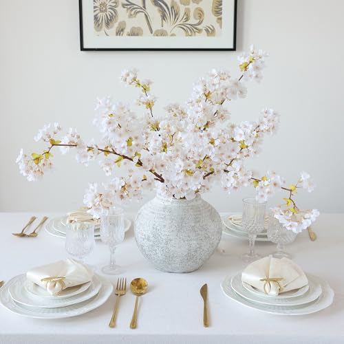 mizii 3Pcs Artificial White Cherry Blossom Branches 40" Fake Silk Cherry Blossoms Flowers with Long Stem for Wedding Decorations Table Centerpieces Vase Arrangement Home Decor (White) - color: White