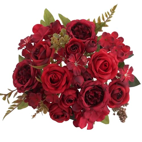 4 Pcs Mixed Artificial Peony Flowers Set-2 Bouquets & 2 Stems, Red Fake Peony Rose Hydrangea Flowers for Vase Silk Floral Arrangements for Table Centerpiece Wedding Party Bridal Decoration Home Decor - color: Red, size: Mixed 4pcs