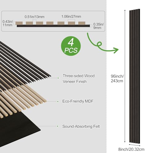 4 Pack Wood Panels for Wall, 96" x 8" Wood Slat Acoustic Panels, Acoustic Wall Panels for Interior Wall Decor, Sound Absorbing Wall Panels for Noise Reduction and Decoration, Smoky Walnut - color: Smoky Walnut, size: 4PCS-96" x 8"