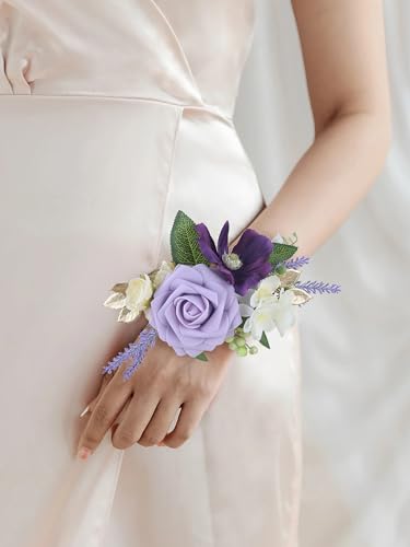 Rinlong 2Pcs Purple Wrist Corsage for Wedding, Prom, Homecoming | Bridesmaid Wristlet, Mother of the Bride Flower Corsage - color: 10-purple