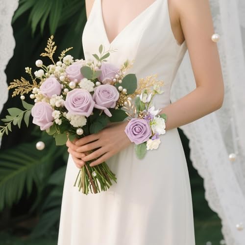 2Pcs Wedding Corsage and Boutonniere Set Purple Rose Corsage Wristlet and Boutonniere for Men Women Groom Bride Bridesmaid Groomsmen Wedding Party Accessory Prom Decoration (Purple) - color: Purple