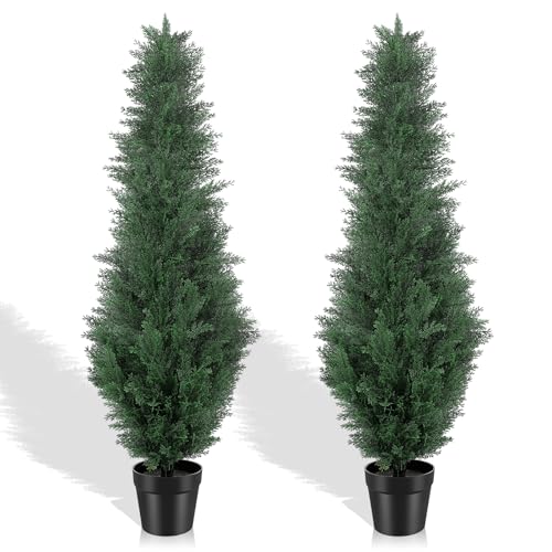 4FT Artificial Cedar Trees, Set of 2 - UV Resistant Realistic Faux Evergreen Cypress Trees, Adjustable Branches, All Weather for Front Porch, Outdoor Planters, Indoor Home Decor - size: 4ft